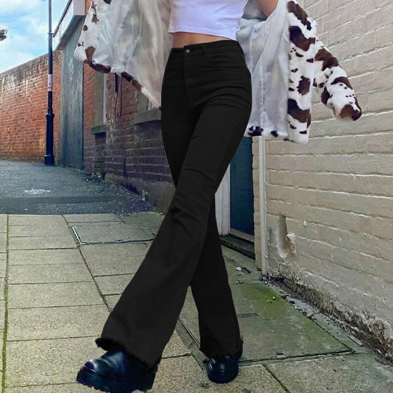 Pantalon décontracté femme évasé taille haute extensible marron