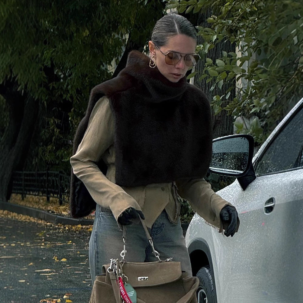 Nouveau gilet en fourrure sans manches à demi-col roulé de couleur unie pour femmes