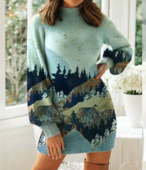Long Printed Sweater Dress Women High Collar Main Image