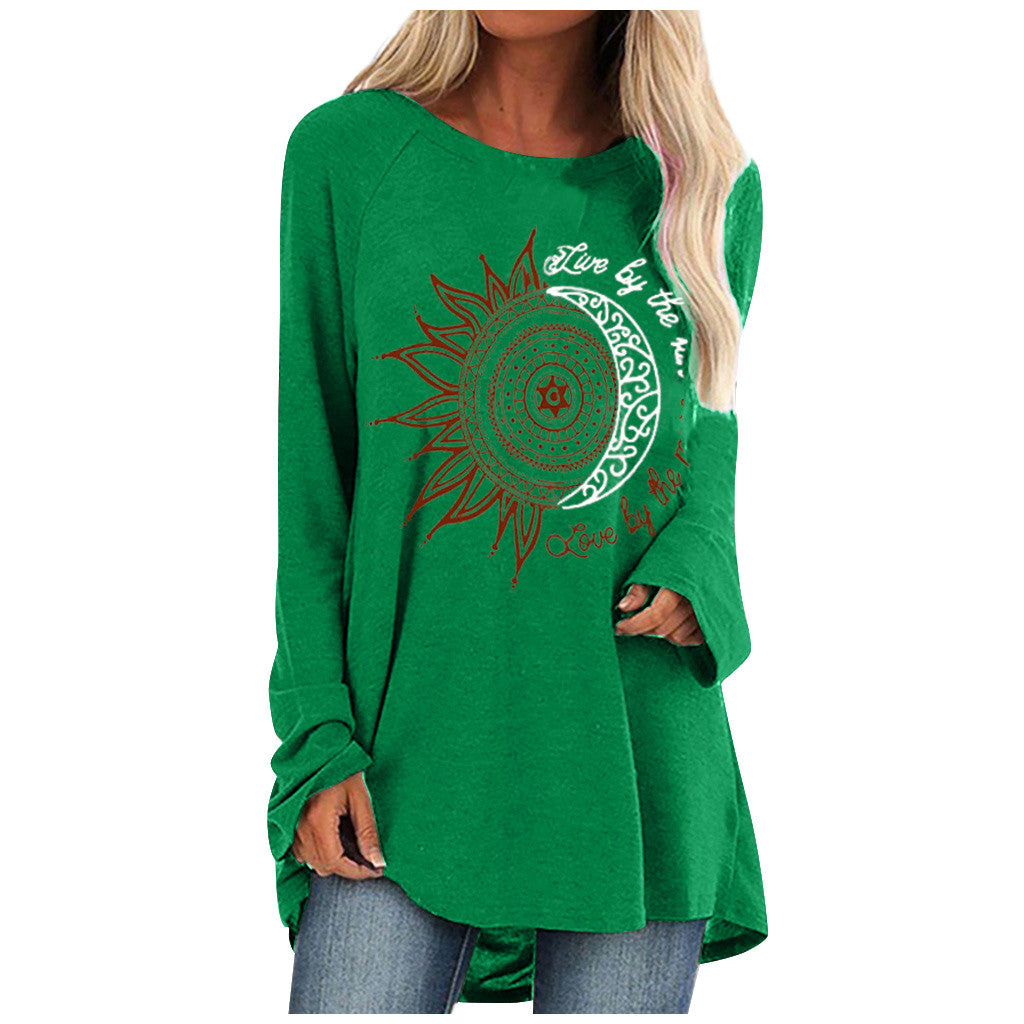 Loose round neck sun flower letter print long sleeve T-shirt