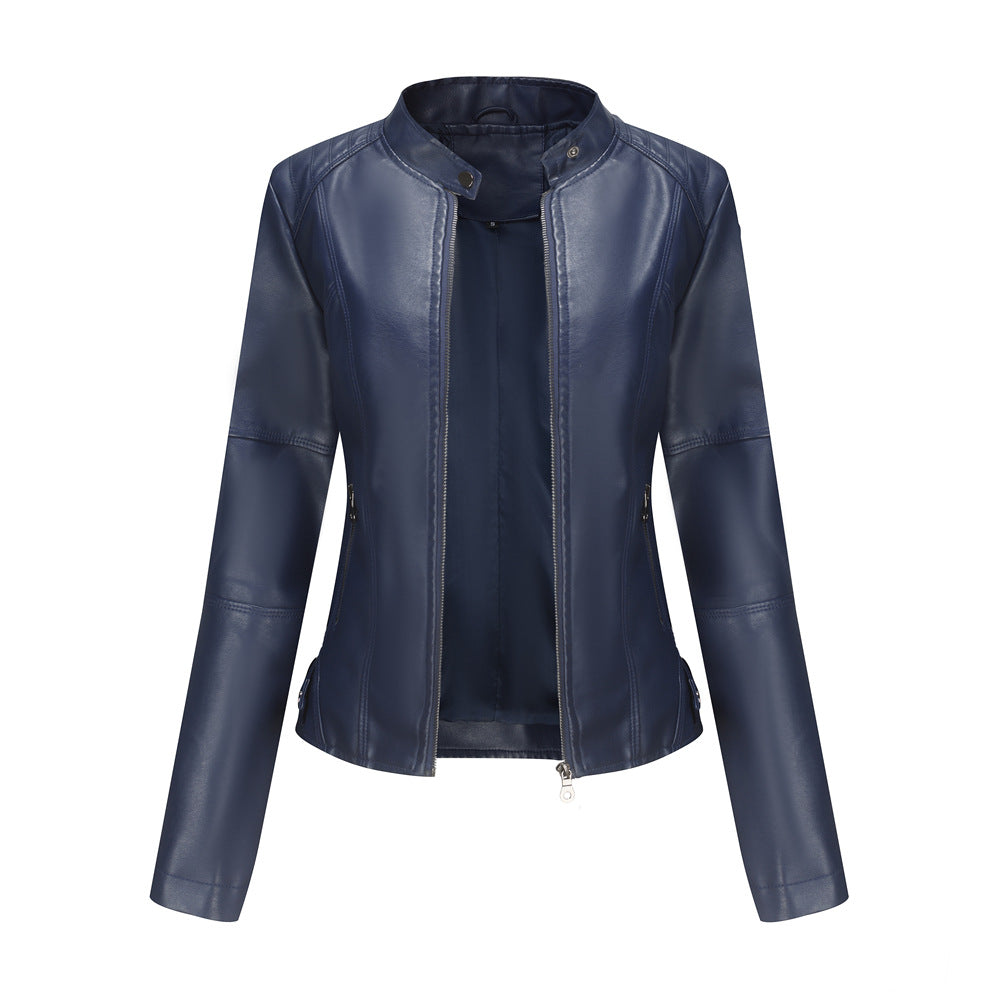 Vestes en cuir zippées pour femmes Mode couleur unie Poches Col montant Vêtements d'extérieur