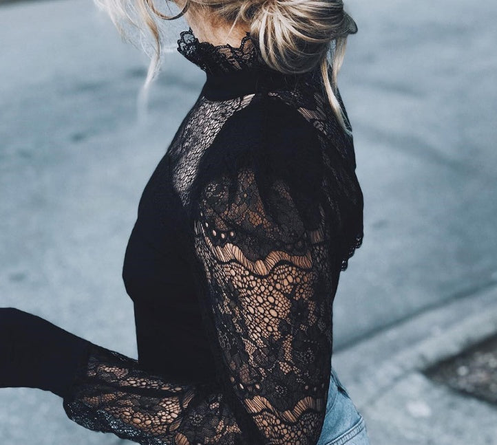 Mode Décontractée Femme Blouses Manches Longues Transparentes Hauts Chemisier en Dentelle Florale Chemise Haut Chemisier Noir Col Roulé