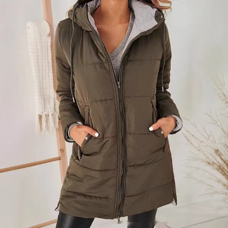 Manteau Long en Coton Uni avec Capuche et Poches pour Femme