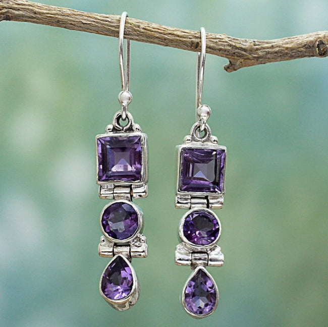Boucles d'oreilles pendantes en argent 925 pour femmes, élégantes, en améthyste, pour mariage, vente en gros Hover Image