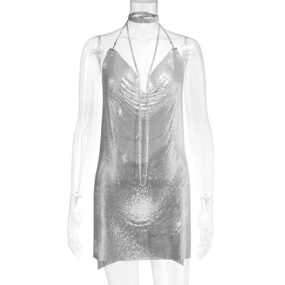 Robe Métallisée à Paillettes et Strass Femme