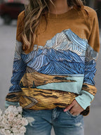 Haut de T-shirt à manches longues à imprimé paysage pour femme, populaire