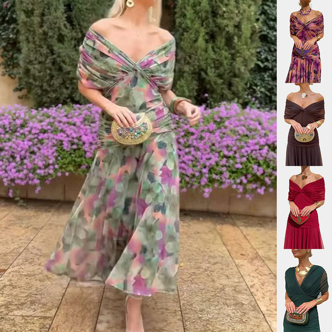 Robe longue d'été en mousseline à manches courtes, imprimé floral, col en V, pour femmes Hover Image