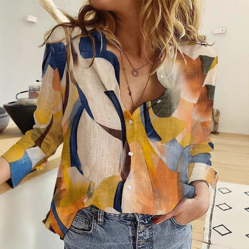 Chemise ample à manches longues lanternes et imprimé numérique pour femmes