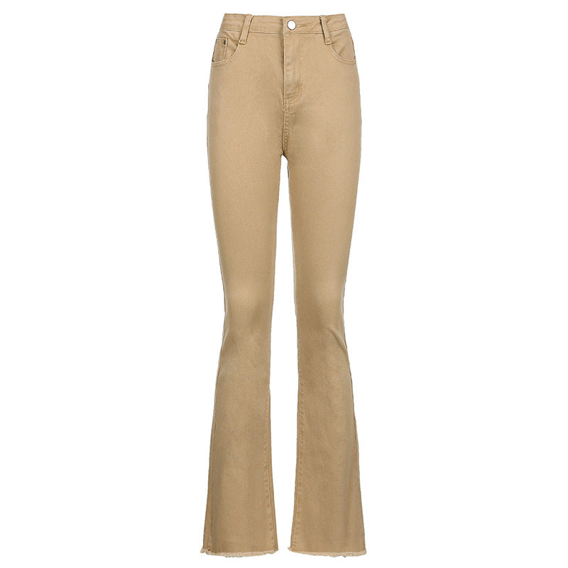 Pantalon décontracté femme évasé taille haute extensible marron