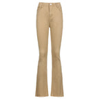 Pantalon décontracté femme évasé taille haute extensible marron