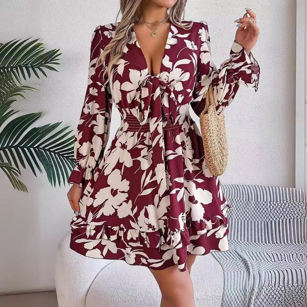 Nouvelle robe courte à manches longues et col en V avec imprimé floral, volants, nœud papillon et coupe trapèze pour femme.