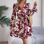 Nouvelle robe courte à manches longues et col en V avec imprimé floral, volants, nœud papillon et coupe trapèze pour femme.