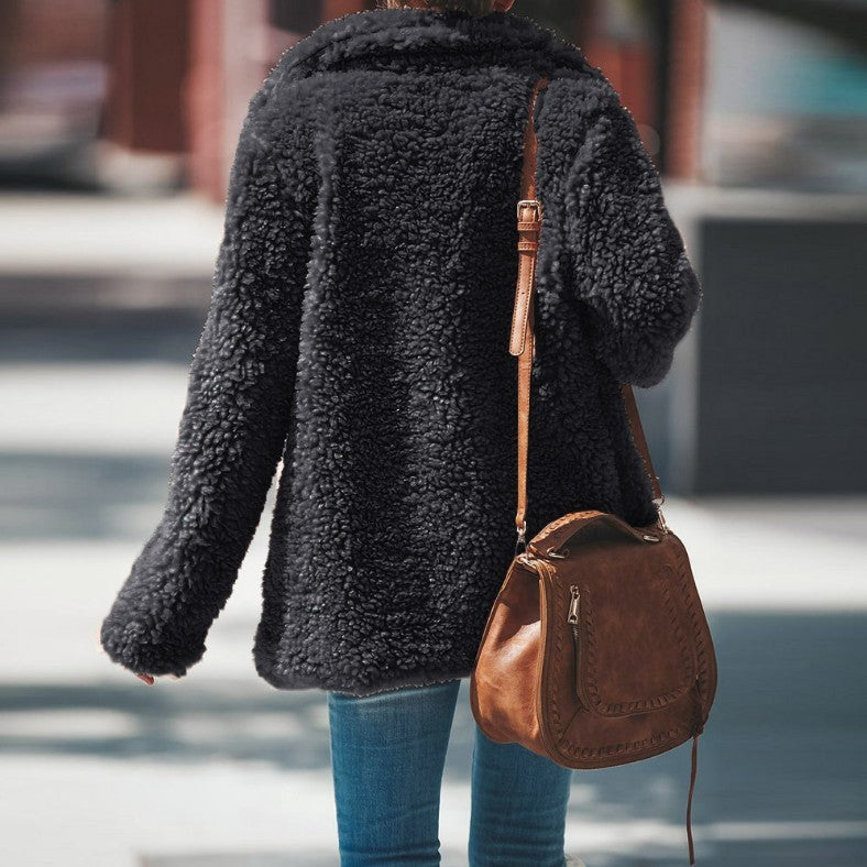 Manteau Femme Hiver à Revers Manches Longues en Fausse Fourrure Moelleuse