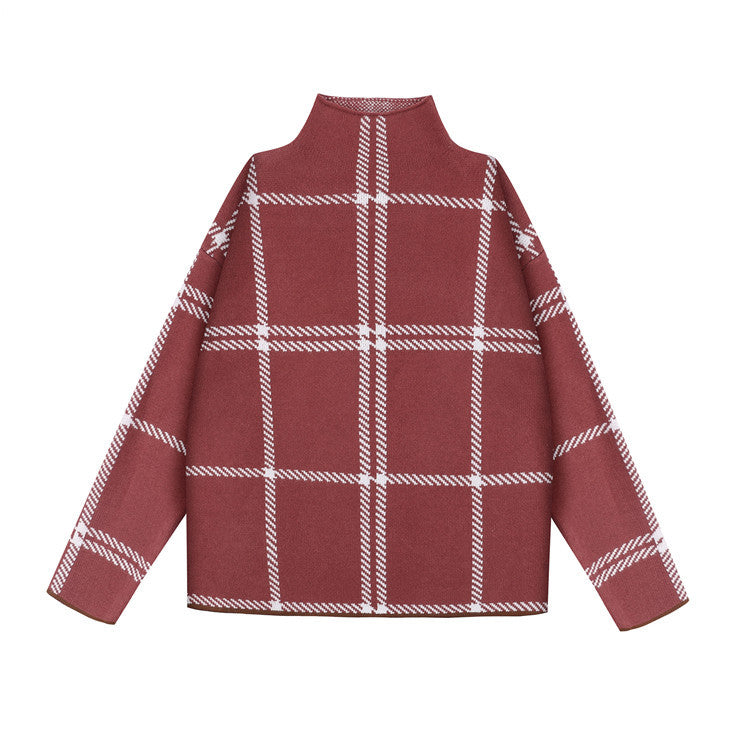 Pull tricoté à col montant en tissu écossais, pour femme