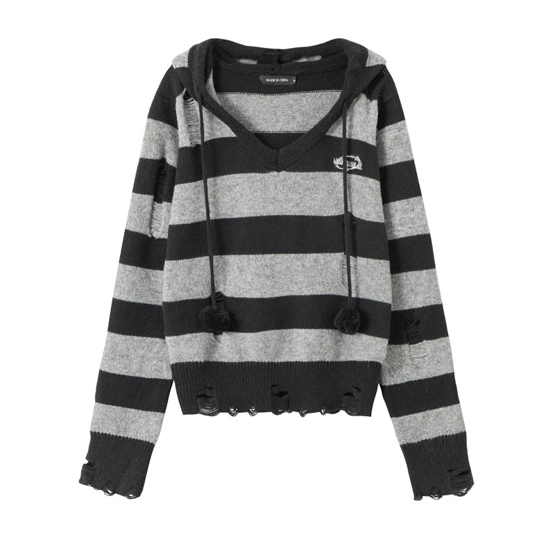 Pull à capuche d'automne femme fin à rayures contrastées