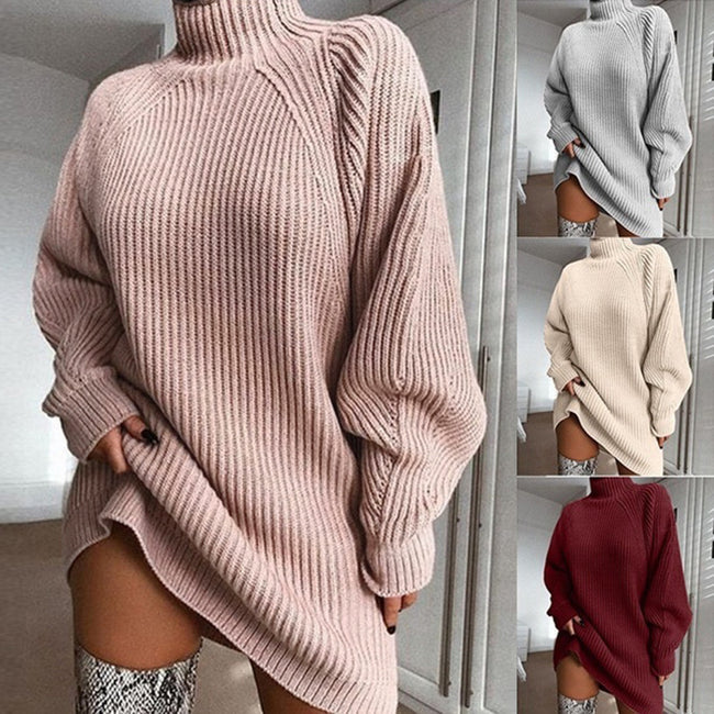 Pull long à col roulé uni, chaud, pour femme, robe-pull d'hiver Hover Image