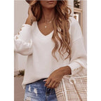 Solid Color Button Long Sleeve V-neck T-shirt Women