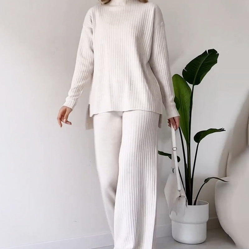 Ensemble tricoté col roulé, haut fendu ample à manches longues et pantalon droit, mode décontractée, couleur unie, vêtements pour femmes.