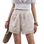 Shorts d'été pour femmes, style rétro, en coton et lin, creux, au crochet, avec dentelle, coupe artistique