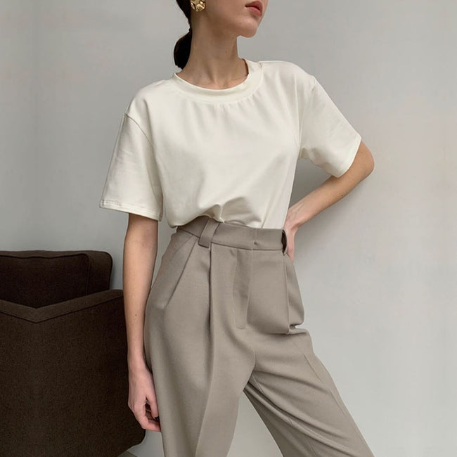 T-shirt basique en maille unie pour femme, en coton décontracté Main Image