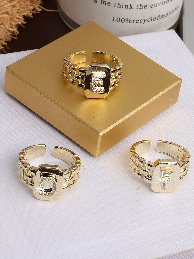 Bague chaîne maillons de bracelet de montre carrés épais en strass lettre initiale A-Z brillantes pour femme Bijoux de boutique