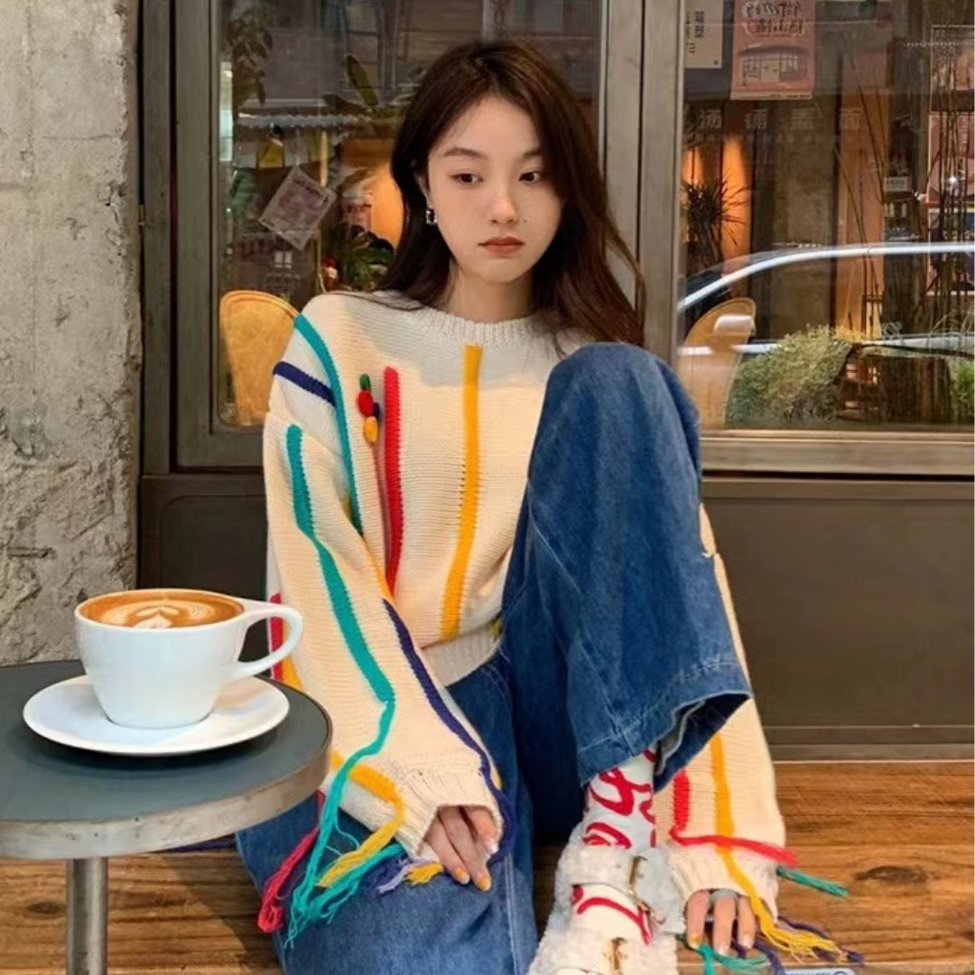 Pull Frangé Tricot Rayé Coloré Pour Femme