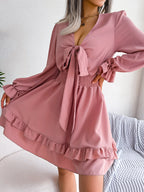 Robe fluide décontractée à volants avec ceinture à nouer pour femme