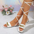 Fashion Lace-up Chain Sandals For Women Large Size Square-toed Flat Shoes Summer
