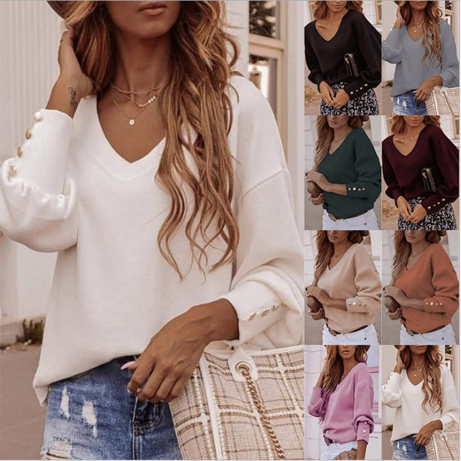 T-shirt Femme Col V Manches Longues Couleur Unie Boutons Hover Image
