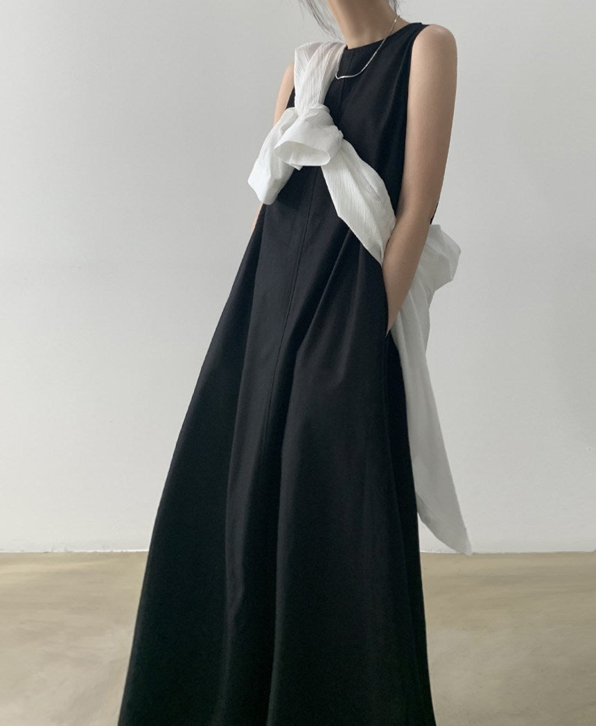 Robe longue en coton et lin unie sans manches à col rond