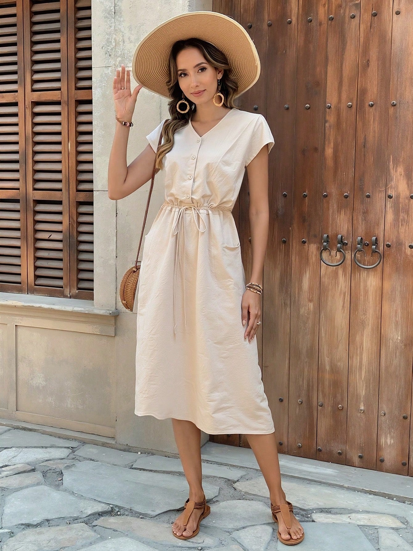 Robe décontractée femme unie avec cordon de serrage et taille mi-haute