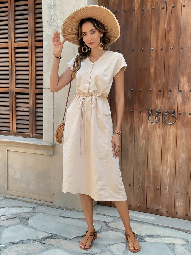 Robe décontractée femme unie avec cordon de serrage et taille mi-haute Main Image