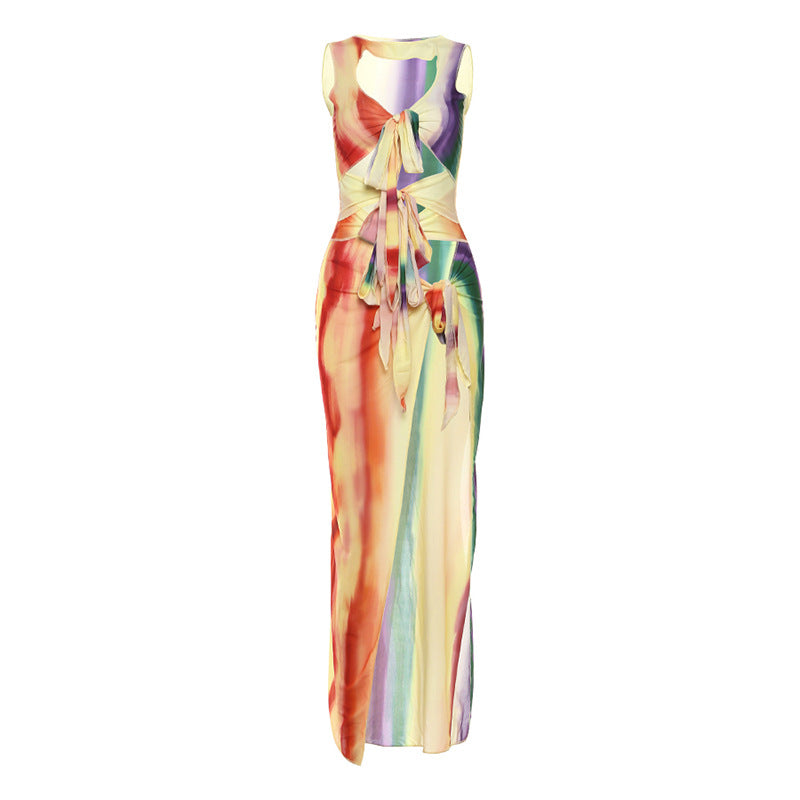 Robe Femme Fendue Haute à Lacets Imprimé Dégradé