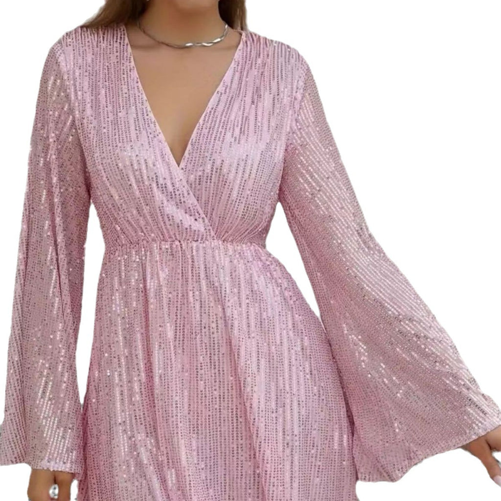 Robe de soirée élégante à col en V, taille amincissante et sequins