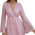 Robe de soirée élégante à col en V, taille amincissante et sequins