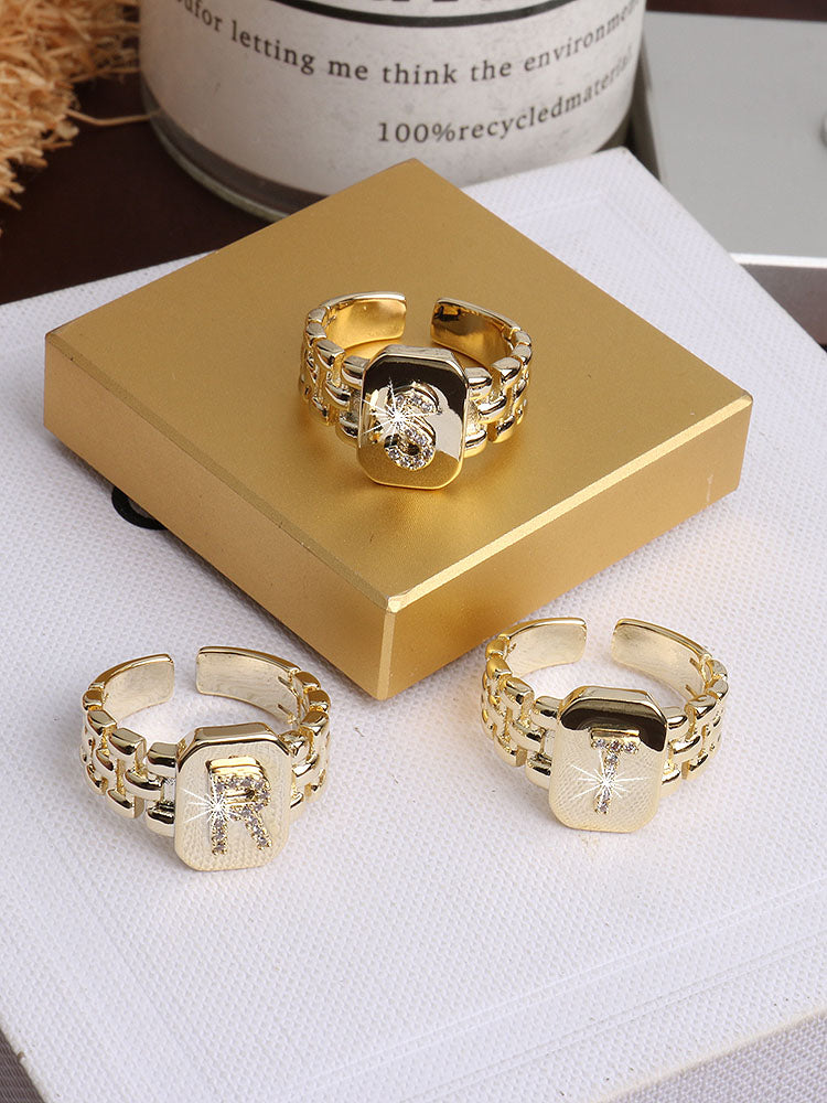 Bague chaîne maillons de bracelet de montre carrés épais en strass lettre initiale A-Z brillantes pour femme Bijoux de boutique