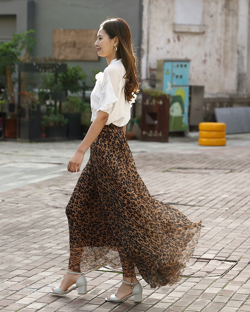 Leopard print sexy chiffon long skirt