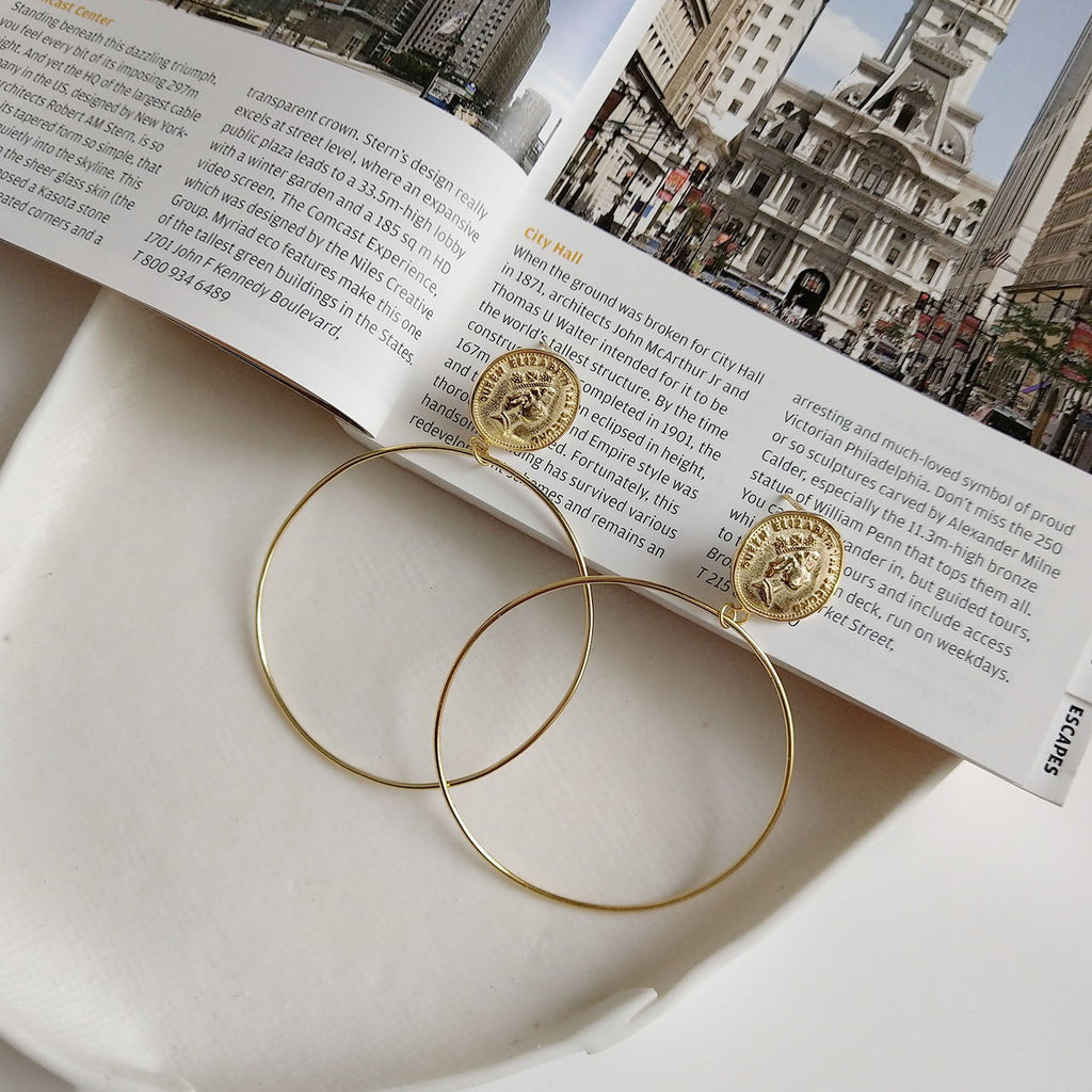 Boucles d'oreilles grand cercle de style INS en argent sterling 925, modèle Reine