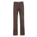 Pantalon décontracté femme évasé taille haute extensible marron