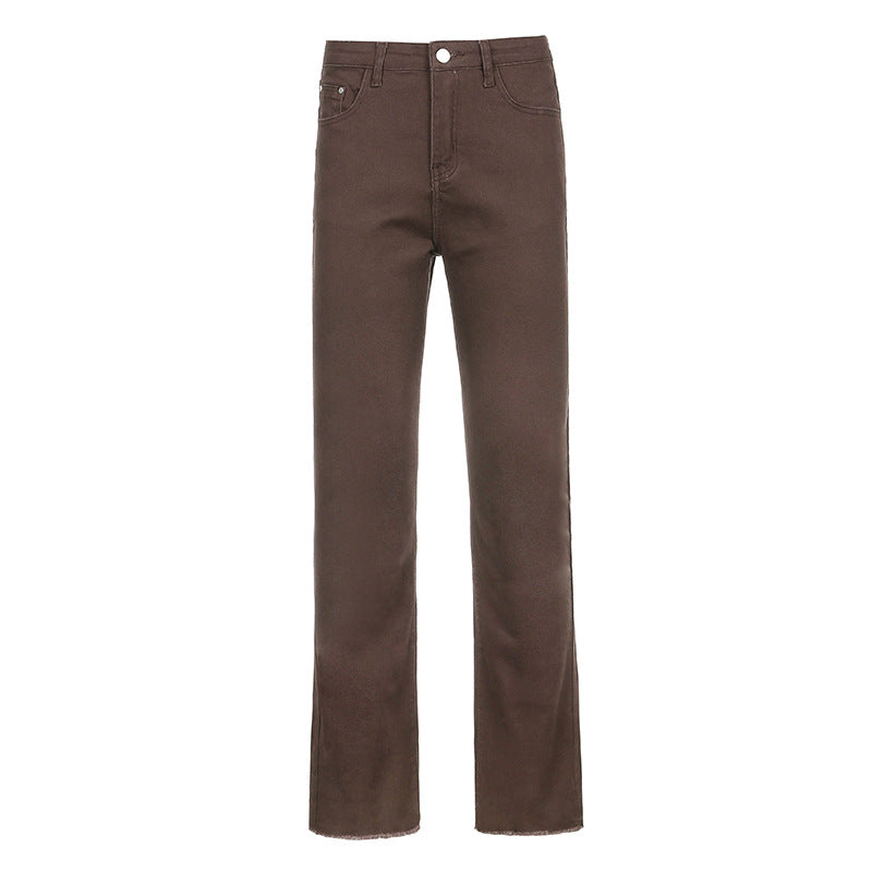 Pantalon décontracté femme évasé taille haute extensible marron