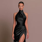 Robe longue satinée asymétrique à une épaule pour femme
