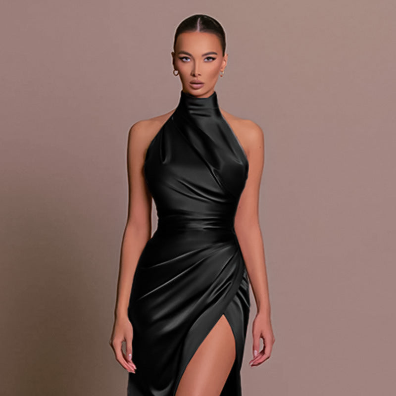 Robe longue satinée asymétrique à une épaule pour femme