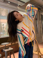 Pull Frangé Tricot Rayé Coloré Pour Femme