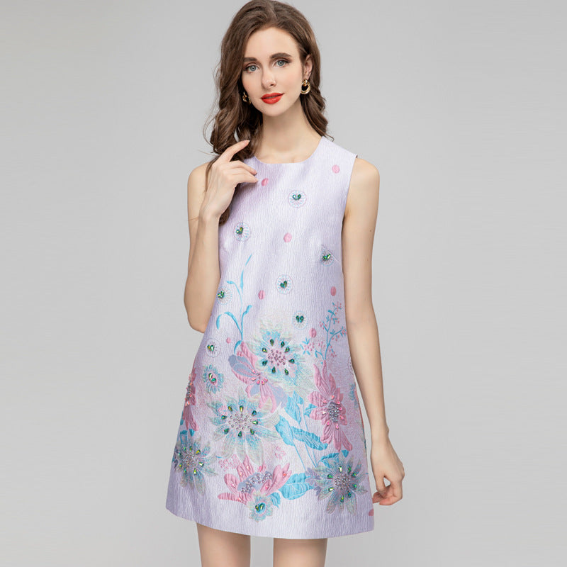 Robe courte sans manches en jacquard imprimé pour femme