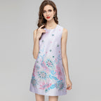 Robe courte sans manches en jacquard imprimé pour femme