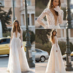 Robe de soirée longue en dentelle à manches longues pour femme