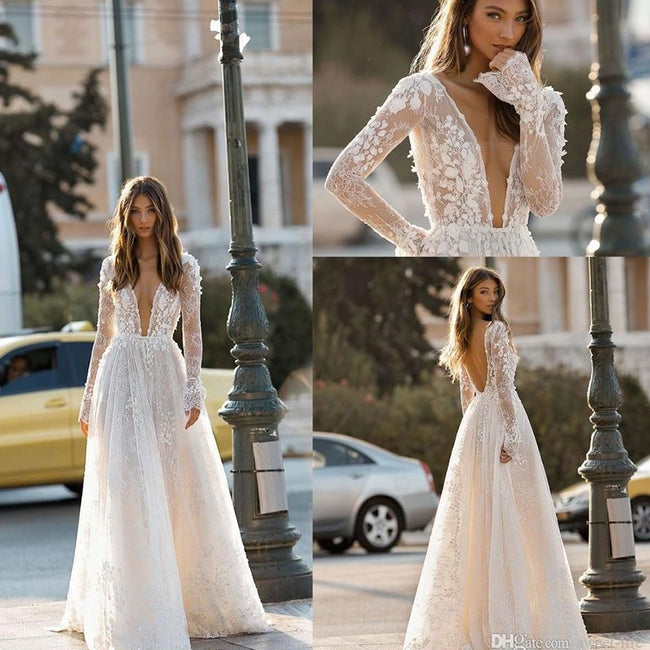 Women's Wedding Dress Lace Long Sleeve Dinner Party Gown Hover Image