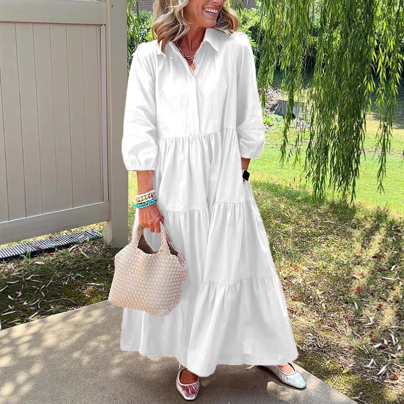 Robe ample décontractée à revers, manches mi-longues et grand tombé