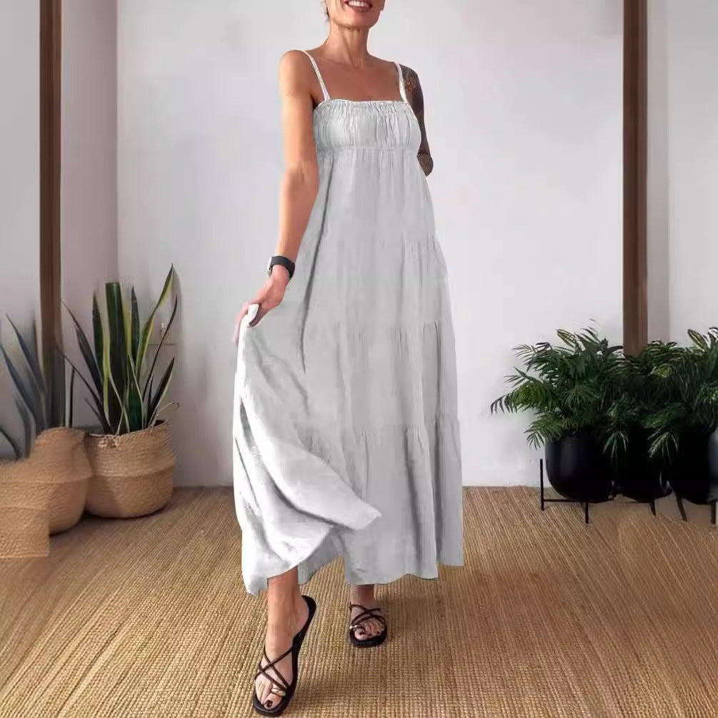 Robe plissée à bretelles et bustier unie décontractée pour femme