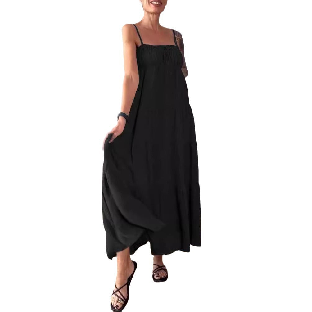 Robe plissée à bretelles et bustier unie décontractée pour femme